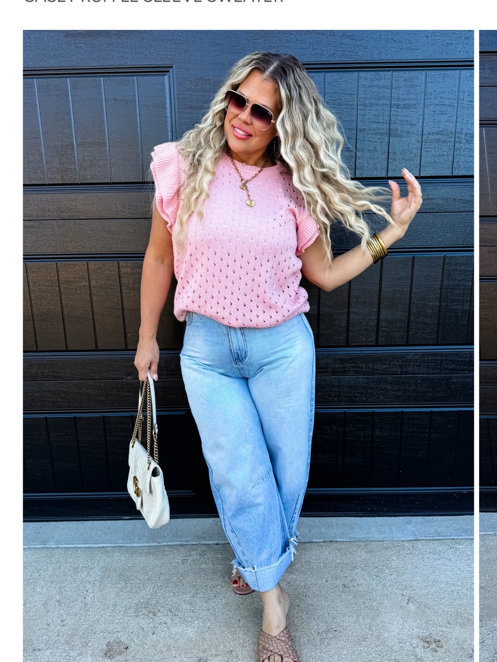 Pink Knit Flutter Sleeve Crew Neck Sweater Top